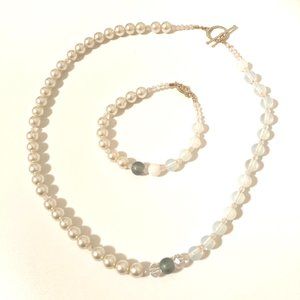 Short Pearls Necklace + Bracelet,  MoonStone Beads